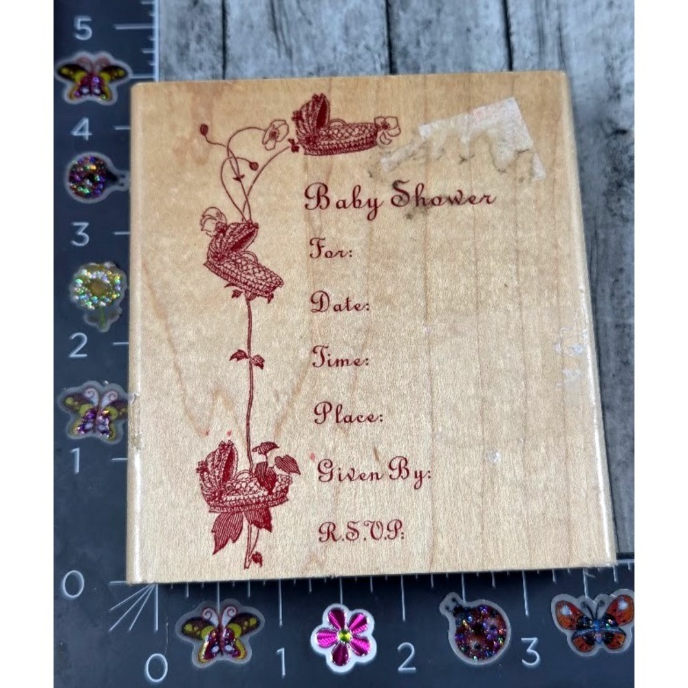 Hampton Art Baby Shower Invitation JJ2625 Baskets Rubber Stamp Wood #H11